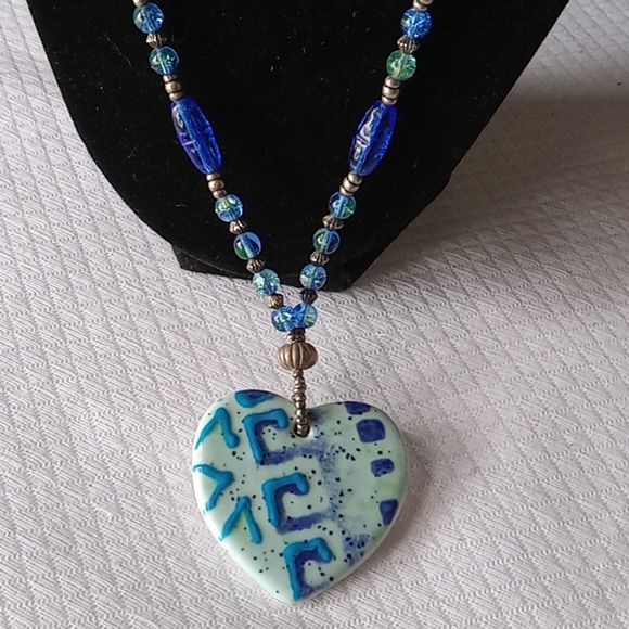 Handmade Necklace of Sterling, hand blown glass,Ceramic Pendant - Picture 3 of 6